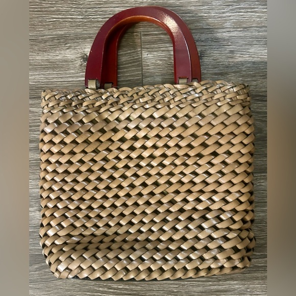 Handbags - Fossil Vintage Brown  Woven Leather Purse Hand Bag With Wooden Handle Bohemian